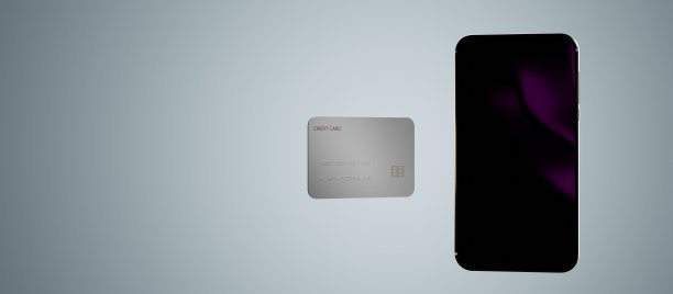 智能手机和信用卡在透视前和角度视图模拟横幅。塑料银质空白支付卡和蓝色背景的霓虹灯手机。移动支付概念，3d插图图片下载