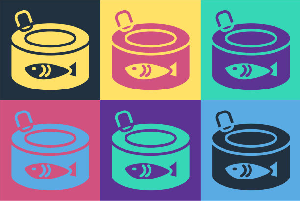 流行艺术罐头鱼图标孤立的颜色图片下载