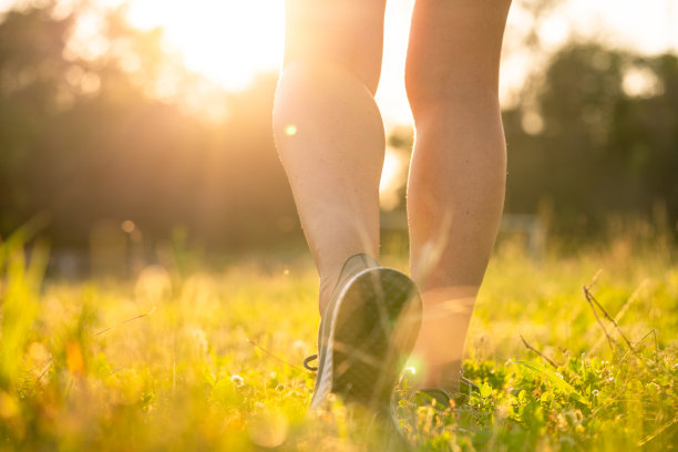 女人的脚在运动鞋户外近距离训练，日落在公园与绿色的草，美丽的运动腿图片下载