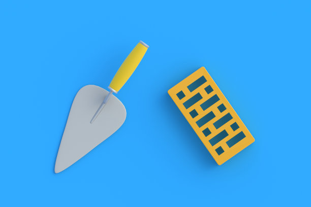 有孔粘土砖近泥刀在蓝色背景。房屋维修。建筑材料。开发人员服务。前视图。三维渲染图片下载