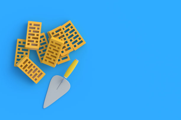 蓝色背景上泥刀附近有穿孔的粘土砖。房屋维修。建筑材料。开发人员服务。前视图。副本的空间。三维渲染图片下载