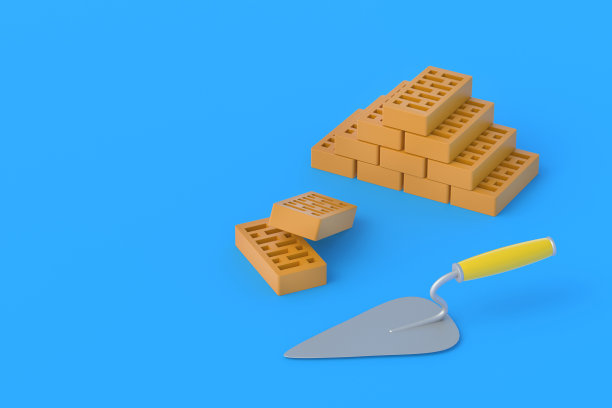 蓝色背景上泥铲附近的一堆穿孔粘土砖。房屋维修。建筑材料。开发人员服务。副本的空间。三维渲染图片下载