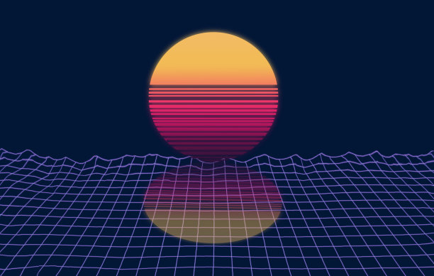 创意复古简约抽象景观背景与蓝色网格和阳光在80 -90年代霓虹灯美学合成波风格。图片下载