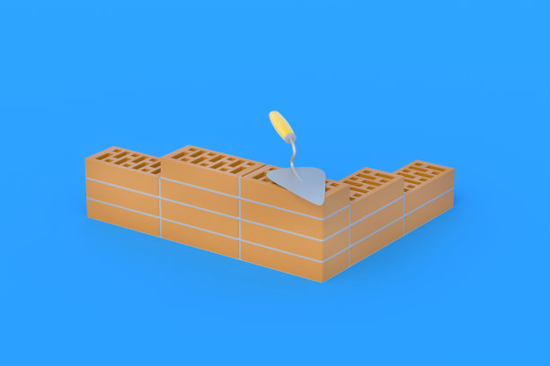 在蓝色背景的砖墙上用泥铲。房屋维修。建筑材料。开发人员服务。三维渲染图片下载