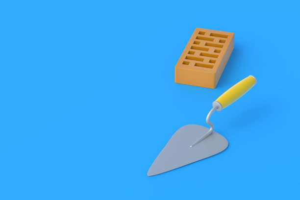 有孔粘土砖近泥刀在蓝色背景。房屋维修。建筑材料。开发人员服务。副本的空间。三维渲染图片下载