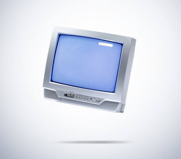 工作的旧灰色CRT电视在空气中，在浅色背景。文件包含隔离路径。图片下载