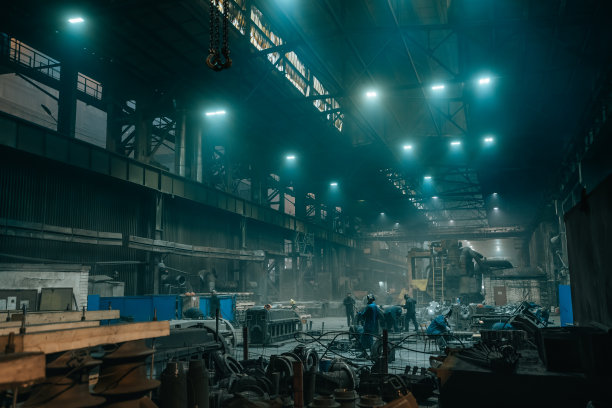 冶金工业厂房或仓库，存放钢铁制品及工人图片下载