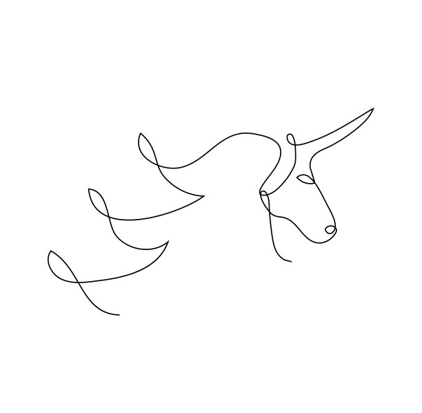 矢量插图，抽象的独角兽的头在黑白颜色，原始轮廓线连续绘画绘画图片下载