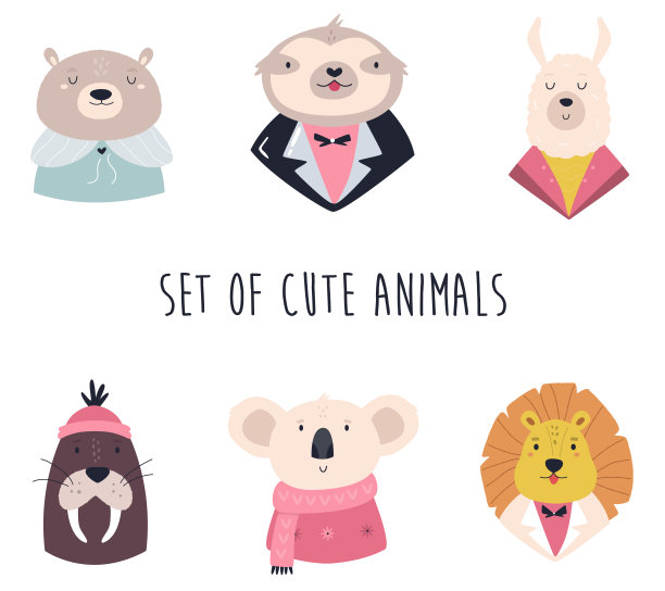 一组穿着不同服装的有趣的动物图片下载
