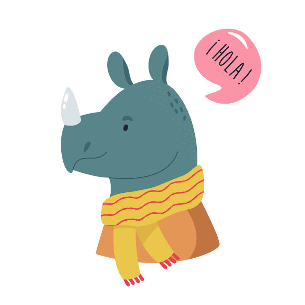 犀牛戴着围巾微笑的滑稽插图。图片下载