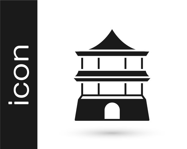 黑色传统中式房子的图标孤立上图片下载