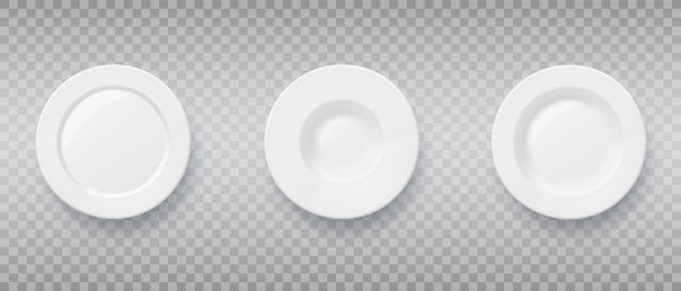 不同的现实食物盘子和盘子。瓷器餐具。图片下载