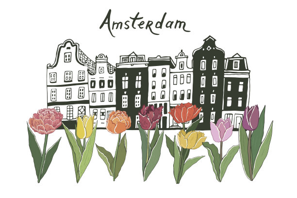 郁金香花和阿姆斯特丹房子春天矢量打印图片下载