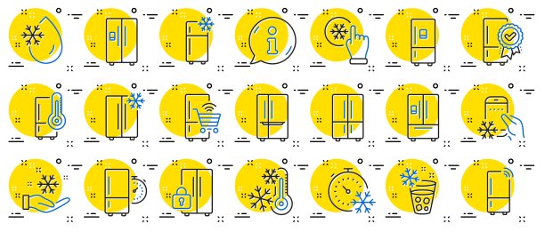 冰箱一行图标。冰箱、冷库、智能冰箱。水与冰，冷却器箱，温度计。向量图片下载