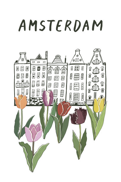 郁金香花和阿姆斯特丹房子春天矢量打印图片下载