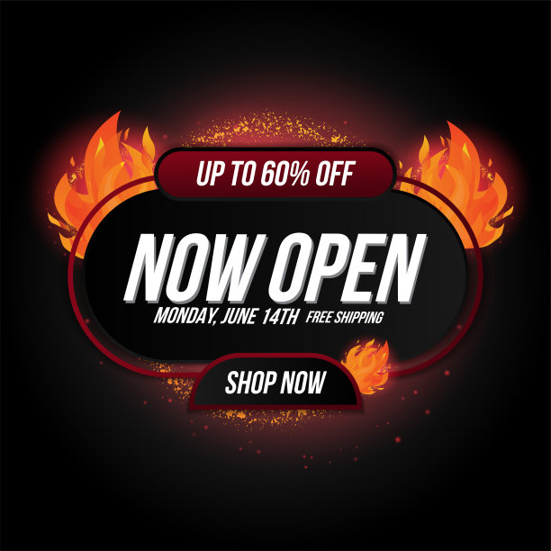 现在开店或新店红色和橙色的火焰标志在黑色背景上。开幕式的模板设计。可用于海报、传单、横幅。图片下载