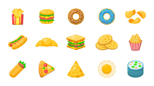 集合抽象集合平面卡通不同颜色快餐概念向量设计风格元素与阴影口味美味披萨奶酪汉堡甜甜圈玉米卷煎蛋卷羊角三明治图片下载