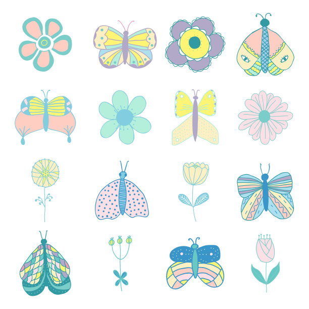 设置孤立的蝴蝶和花朵图片下载