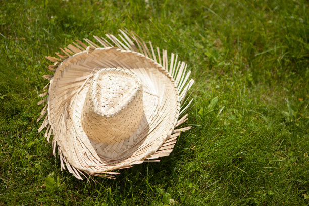 农夫的黄色草帽在草丛里。农村的象征。图片下载