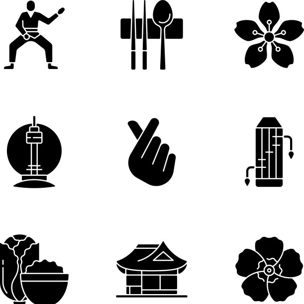 韩国文化中的黑色符号图标设置在白色上图片下载