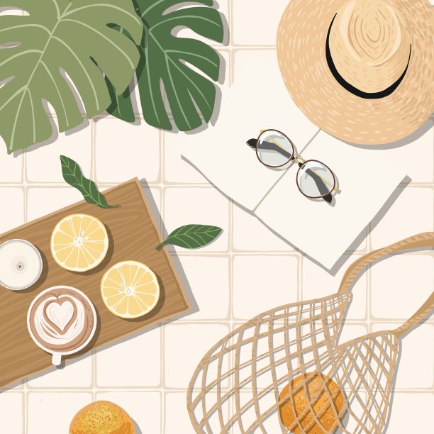 手绘矢量平面插图，夏季放松时间的形象，帽子，橙色，书，草，树叶在桌子上。图片下载