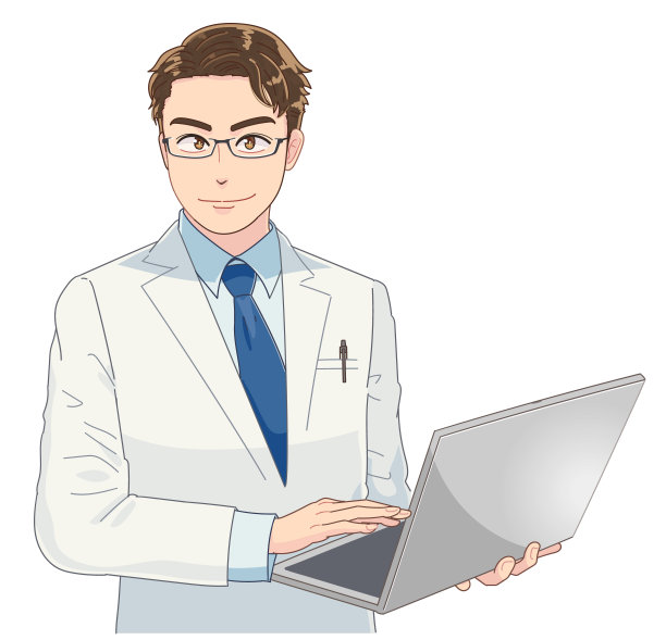 一位戴眼镜的男医生正拿着一台电脑。图片下载