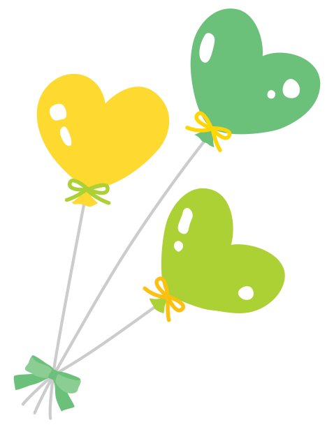 三个黄色和绿色的心形气球。图片下载