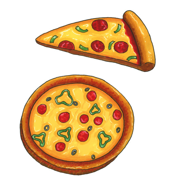 手绘披萨。数码插图。意大利菜。美味的食物。披萨片。有标记图片下载