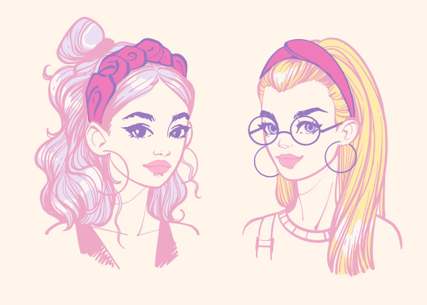 发型和发带。浅粉色调色板上戴着发饰的年轻女孩的彩色肖像，孤立在浅色背景上。手绘涂鸦矢量插图与时尚的女性面孔。图片下载
