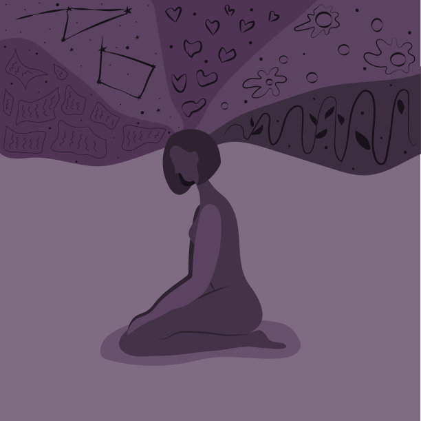 一个满脑子想法，问题，恐惧的女孩。一个有心理障碍的人:紧张，焦虑，发作。平面样式的向量。调色板是深紫色调。图片下载