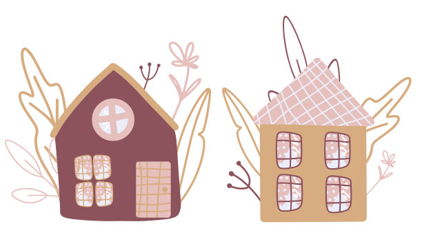 收集带有可爱元素的房子，一套带有植物元素的插画，精致的色彩，卡通房子，简洁可爱的风格，印刷在笔记本，墙纸上图片下载