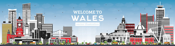 欢迎来到有着灰色建筑和蓝天的威尔士城市天际线。矢量插图。图片下载