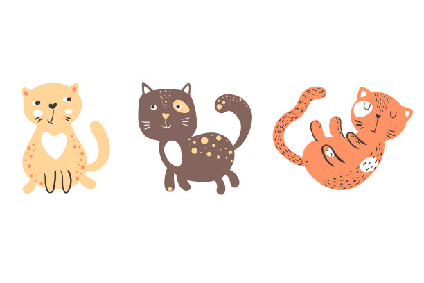 一套三只可爱的猫在斯堪的纳维亚风格。黄色、棕色和红色的猫。不同姿势的小猫。有趣的手绘动物插图。儿童设计，海报和印刷品图片下载