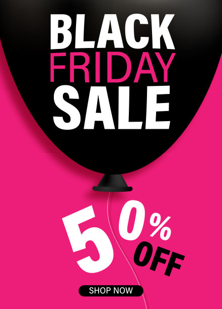 横幅海报与现实的气球和文本黑色星期五销售50%的折扣在黑色和粉红色图片下载