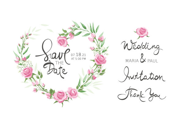 粉色玫瑰——婚礼请柬的设计元素。图片下载