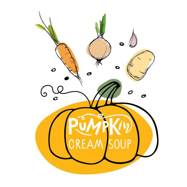 制作南瓜及其他配料的南瓜奶油汤。文字排版。插图秋天的治疗配方。特别秋季提供咖啡馆，餐厅菜单感恩节，万圣节派对。图片下载