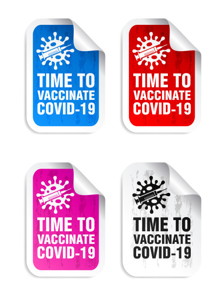 时间为新冠疫苗接种，冠状病毒概念设计彩色贴纸套装图片下载