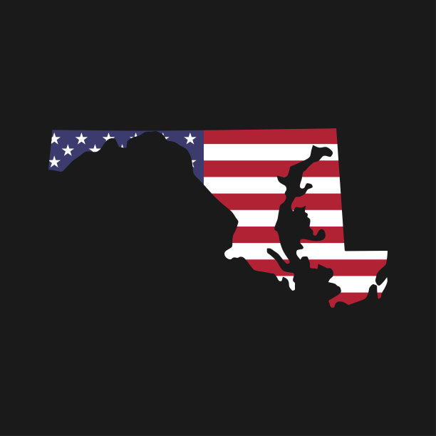 马里兰州地图，黑色背景上有美国国旗图片下载