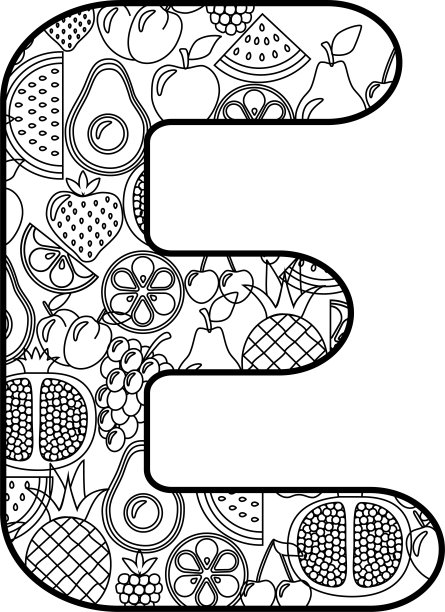 手绘几何装饰字母。简单的黑色大纲ABC插图着色页，墙纸，印刷品，卡片，海报。水果，蔬菜与字母在白色孤立的背景。图片下载