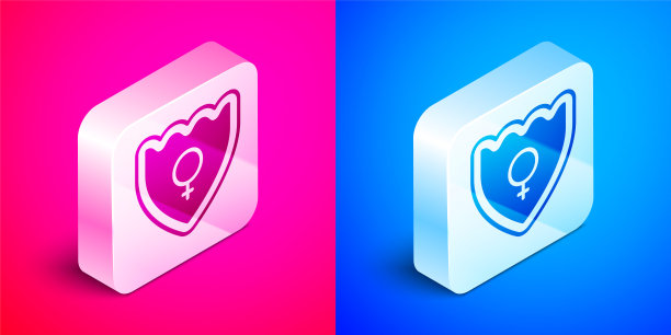 等距性别盾牌，女性图标孤立在粉红色和蓝色背景。银广场按钮。向量图片下载