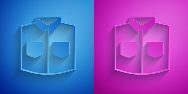 剪纸衬衫图标孤立在蓝色和紫色的背景。纸艺术风格。向量图片下载