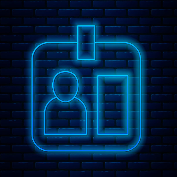 发光的霓虹灯线新闻记者垂直徽章图标孤立在砖墙背景。媒体标识身份证。向量图片下载