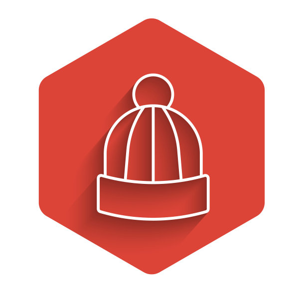 白线冬季帽子图标孤立与长阴影背景。红色的六角按钮。向量图片下载