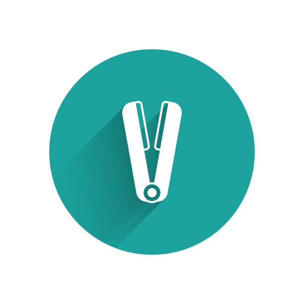 白色卷发铁图标隔离与长阴影背景。头发矫直机图标。绿色圆圈按钮。向量图片下载