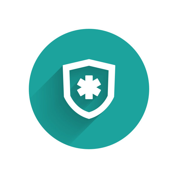 白色人寿保险图标孤立与长阴影背景。安全、安全、保护、保护理念。绿色圆圈按钮。向量图片下载