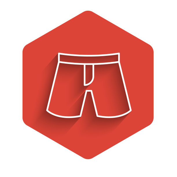 白线短或裤子图标孤立与长阴影背景。红色的六角按钮。向量图片下载