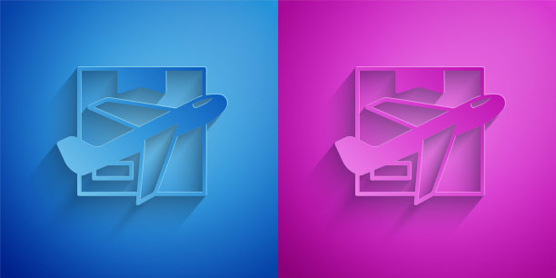 剪纸飞机和纸箱图标孤立在蓝色和紫色的背景。交货,运输。空运货物。带着包裹和盒子的飞机。纸艺术风格。向量图片下载