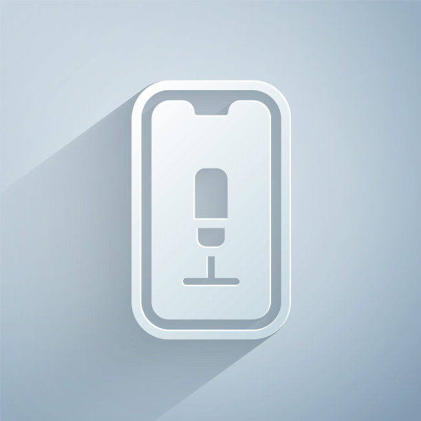 剪纸移动录音图标孤立在灰色背景。带麦克风的手机。语音记录器应用程序智能手机界面。纸艺术风格。向量图片下载