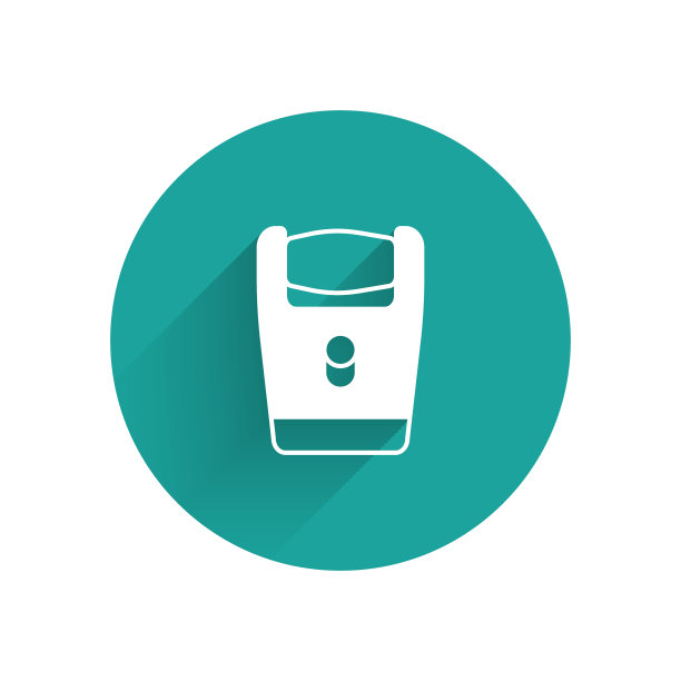 白色电动剃须刀片男性图标孤立与长阴影背景。电动刮胡刀。绿色圆圈按钮。向量图片下载