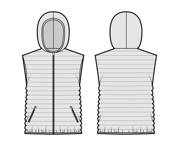 羽绒背心羽绒背心技术时尚插图与无袖，帽衫领，拉链关闭，臀部长度图片下载